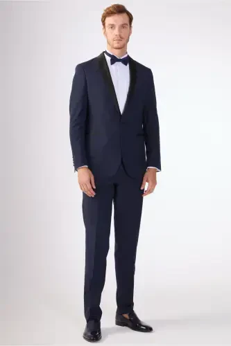 Navy Blue Men's Modern Fit Striped Shawl Collar Tuxedo Suit - 61328 - 3