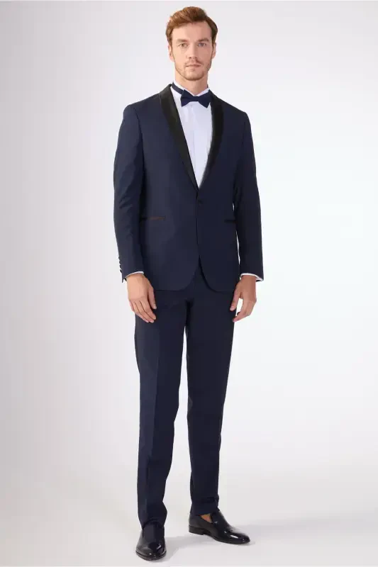 Navy Blue Men's Modern Fit Striped Shawl Collar Tuxedo Suit - 61328 - 3