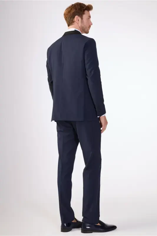 Navy Blue Men's Modern Fit Striped Shawl Collar Tuxedo Suit - 61328 - 4