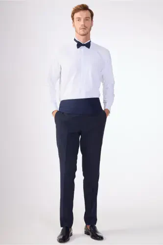 Navy Blue Men's Modern Fit Striped Shawl Collar Tuxedo Suit - 61328 - 5