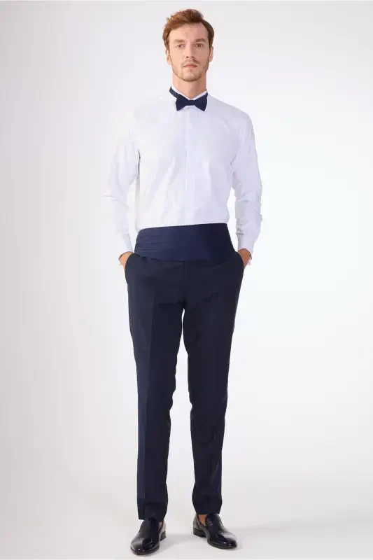 Navy Blue Men's Modern Fit Striped Shawl Collar Tuxedo Suit - 61328 - 5