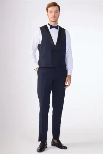 Navy Blue Men's Modern Fit Striped Shawl Collar Tuxedo Suit - 61328 - 6