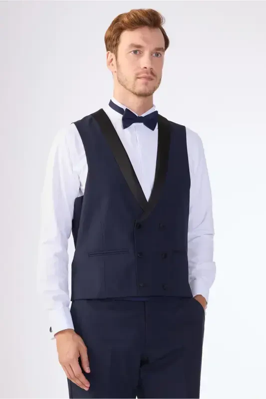 Navy Blue Men's Modern Fit Striped Shawl Collar Tuxedo Suit - 61328 - 7