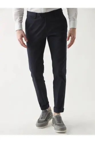 Navy Blue Men's Plain Casual Trousers - 95254 - 2