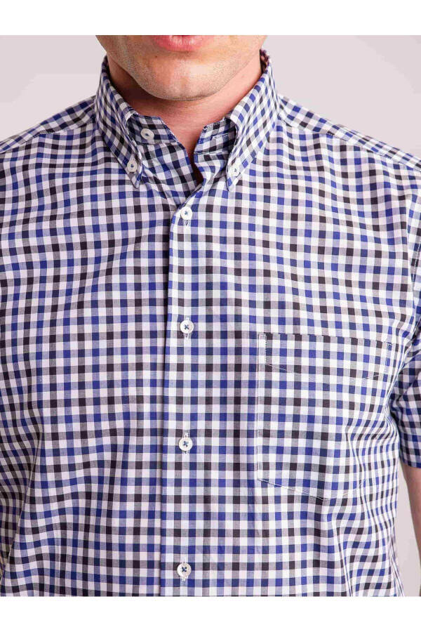 Navy Blue Men's Regular Fit Checked Cuban Collar Short Sleeve Shirt - 3