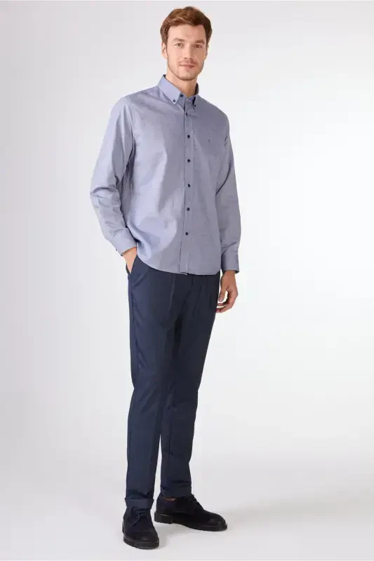 Navy Blue Men's Regular Fit Oxford Brent Button-Down Collar Long Sleeve Shirt - 94842 - 3