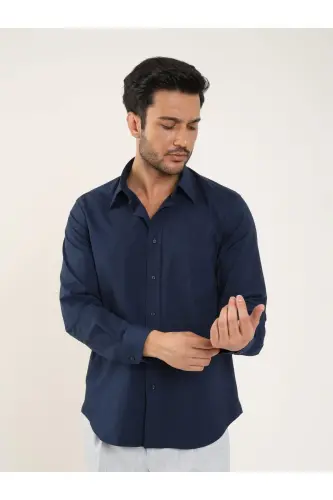 Navy Blue Men's Regular Fit Plain Brent Collar Long Sleeve Shirt - 88189-Navy Blue - 1