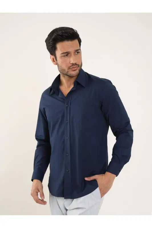 Navy Blue Men's Regular Fit Plain Brent Collar Long Sleeve Shirt - 88189-Navy Blue - 2