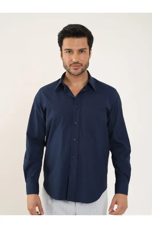 Navy Blue Men's Regular Fit Plain Brent Collar Long Sleeve Shirt - 88189-Navy Blue - 3