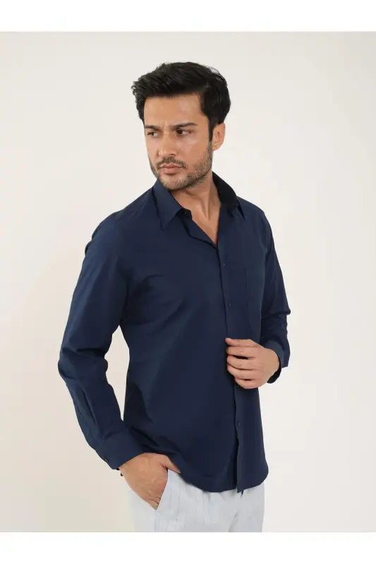 Navy Blue Men's Regular Fit Plain Brent Collar Long Sleeve Shirt - 88189-Navy Blue - 4