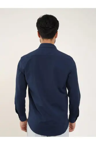 Navy Blue Men's Regular Fit Plain Brent Collar Long Sleeve Shirt - 88189-Navy Blue - 5