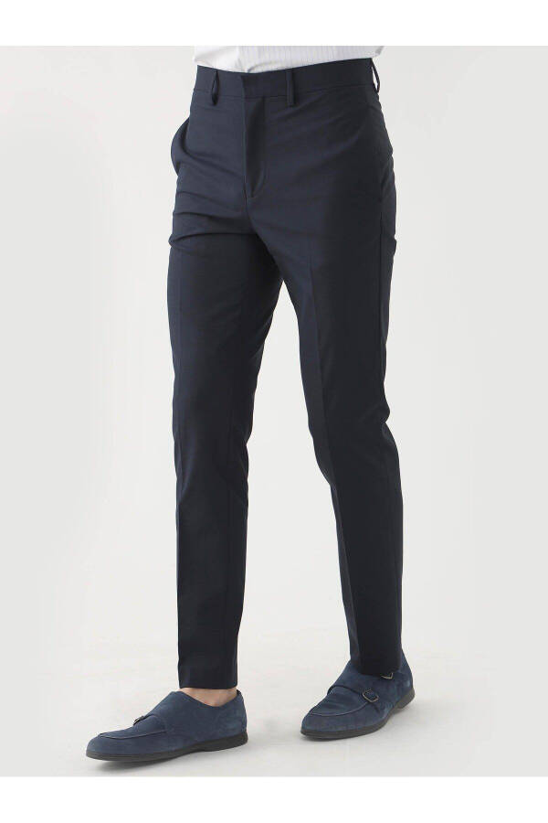 Navy Blue Men's Regular Fit Plain Classic Trousers - 84536 - 5