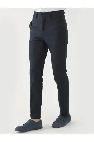 Navy Blue Men's Regular Fit Plain Classic Trousers - 84536 - 4