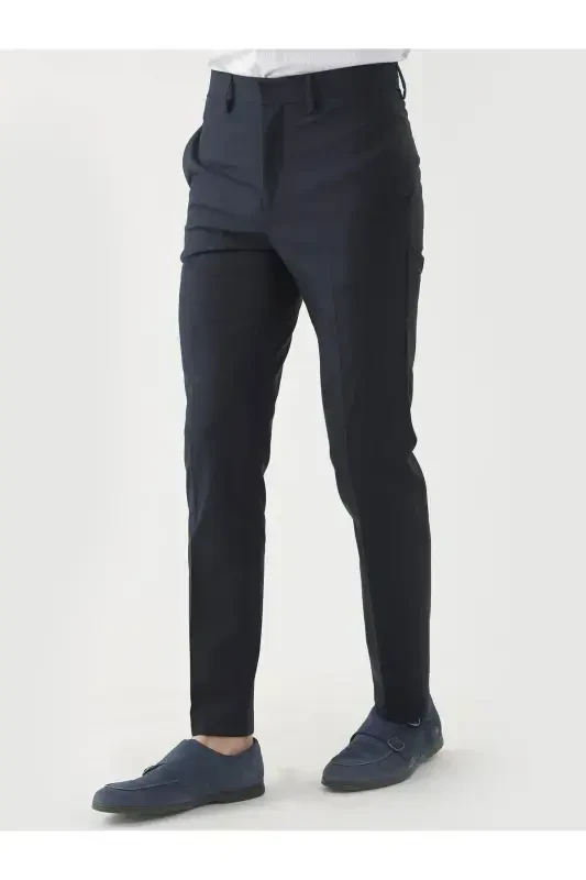 Navy Blue Men's Regular Fit Plain Classic Trousers - 84536 - 4