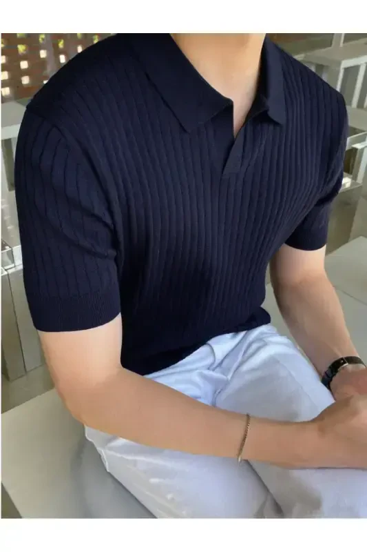 Navy Blue Men's Ribbed Polo Collar Knitted T-Shirt - Navy Blue - 3