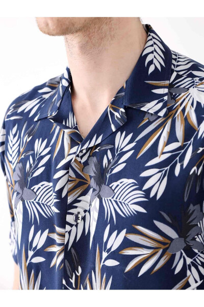 Navy blue men's short-sleeved, floral print, button-down collar Brent shirt. - 6