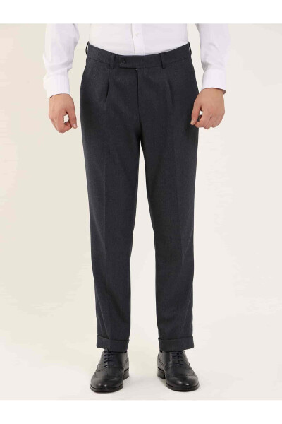 Navy Blue Men's Slim Fit Herringbone Pattern Classic Trousers - 97704 - 6