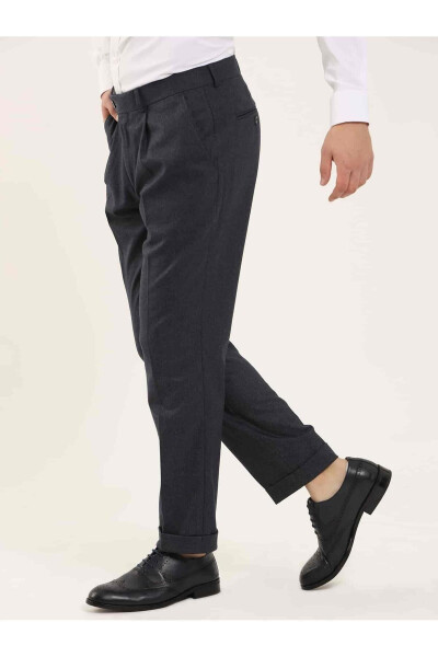 Navy Blue Men's Slim Fit Herringbone Pattern Classic Trousers - 97704 - 8