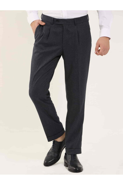 Navy Blue Men's Slim Fit Herringbone Pattern Classic Trousers - 97704 - 9