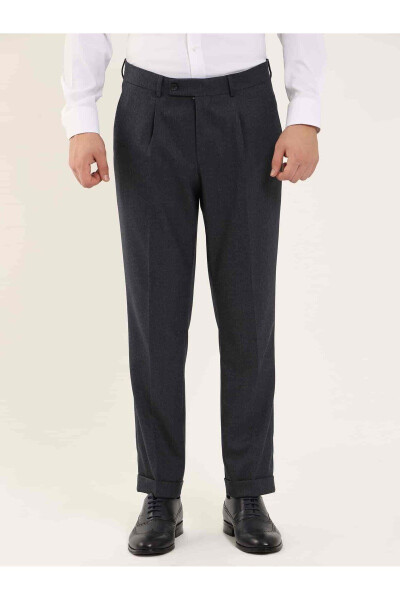 Navy Blue Men's Slim Fit Herringbone Pattern Classic Trousers - 97704 - 1