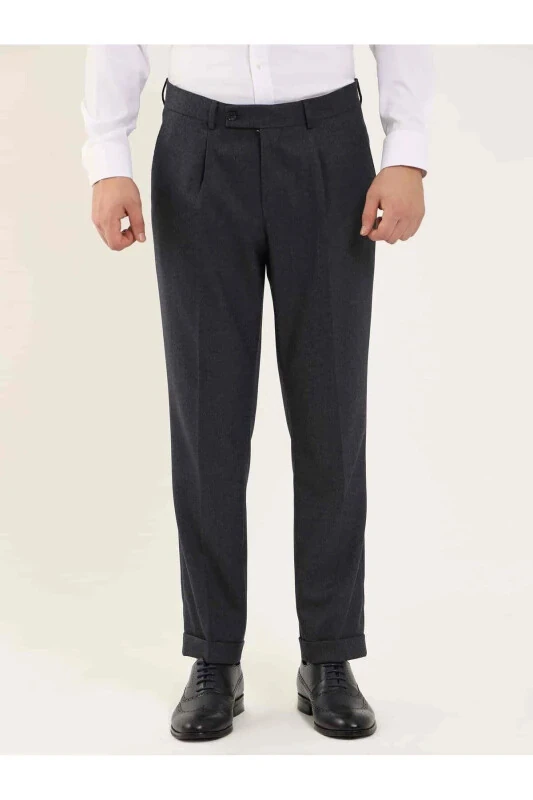Navy Blue Men's Slim Fit Herringbone Pattern Classic Trousers - 97704 - DUFY