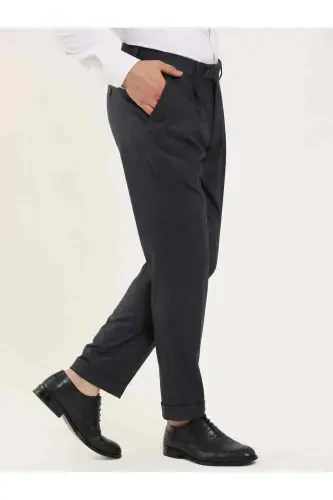 Navy Blue Men's Slim Fit Herringbone Pattern Classic Trousers - 97704 - DUFY (1)