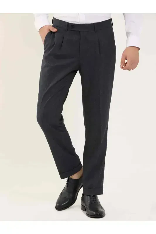 Navy Blue Men's Slim Fit Herringbone Pattern Classic Trousers - 97704 - 4