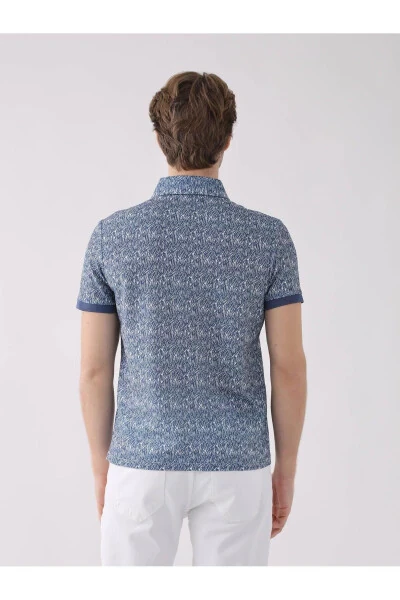 Navy Blue Men's Slim Fit Patterned Polo Collar T-shirt - 5