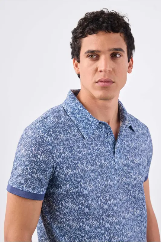 Navy Blue Men's Slim Fit Patterned Polo Collar T-shirt - 1