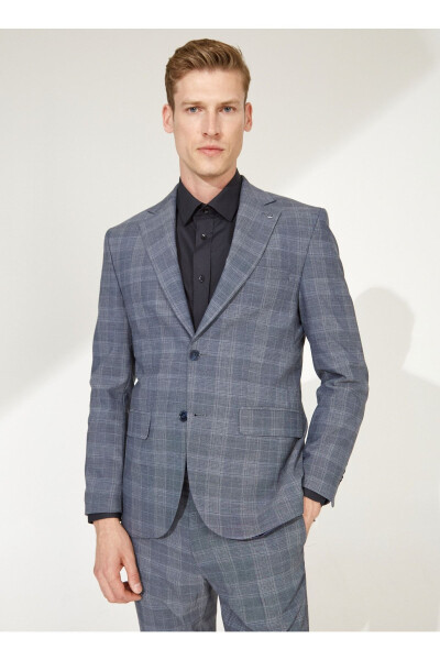 Navy Blue Men's Slim Fit Plaid Pattern Single Breasted Suit - 95006 - 7