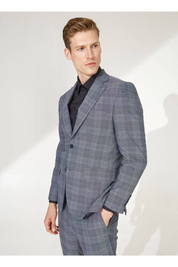 Navy Blue Men's Slim Fit Plaid Pattern Single Breasted Suit - 95006 - 9