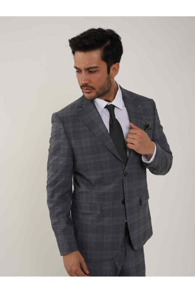 Navy Blue Men's Slim Fit Plaid Pattern Single Breasted Suit - 95006 - 1