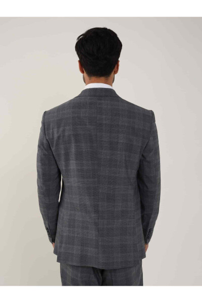 Navy Blue Men's Slim Fit Plaid Pattern Single Breasted Suit - 95006 - 3