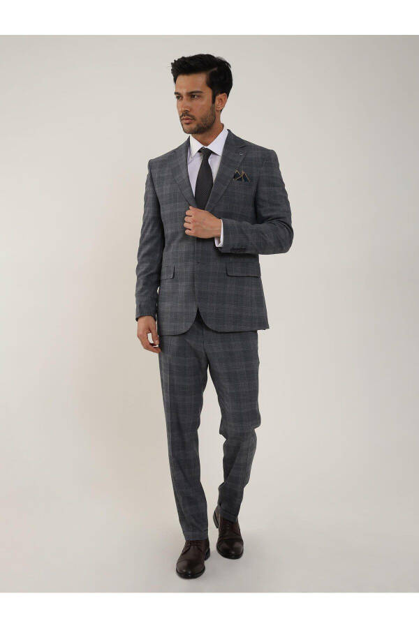 Navy Blue Men's Slim Fit Plaid Pattern Single Breasted Suit - 95006 - 5