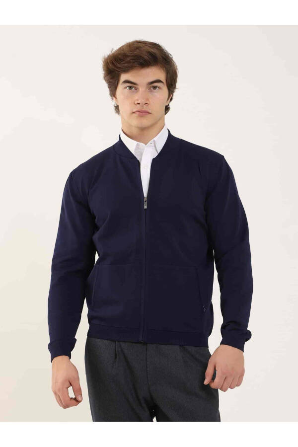 Navy Blue Men's Slim Fit Plain Bomber Collar Sweater - 96347 - 6