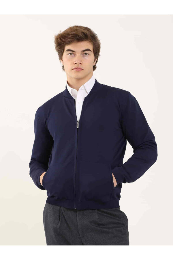 Navy Blue Men's Slim Fit Plain Bomber Collar Sweater - 96347 - 7