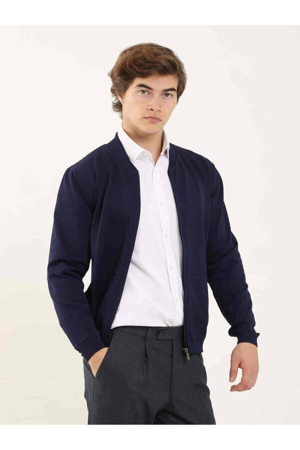 Navy Blue Men's Slim Fit Plain Bomber Collar Sweater - 96347 - 8