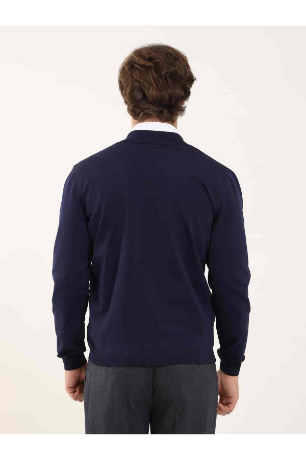 Navy Blue Men's Slim Fit Plain Bomber Collar Sweater - 96347 - 10