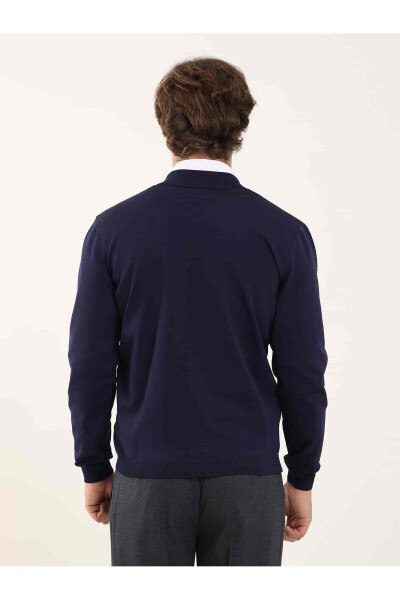 Navy Blue Men's Slim Fit Plain Bomber Collar Sweater - 96347 - 5