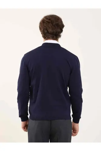 Navy Blue Men's Slim Fit Plain Bomber Collar Sweater - 96347 - 5