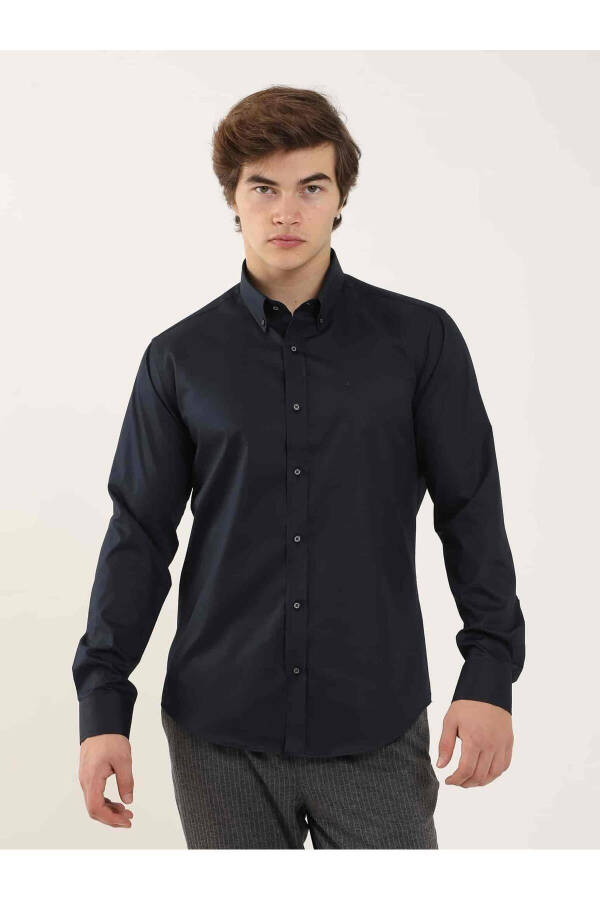 Navy Blue Men's Slim Fit Plain Button-Down Collar Long Sleeve Shirt - 101259 - 6