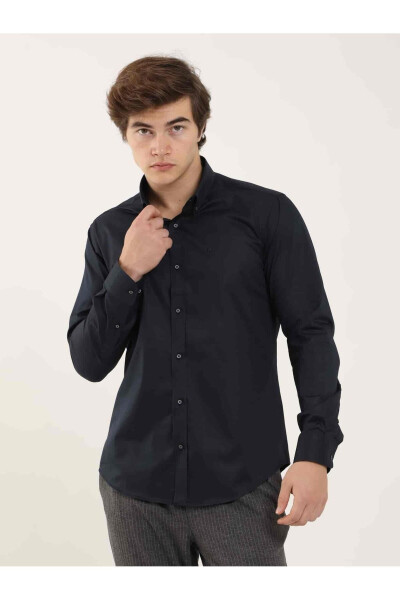 Navy Blue Men's Slim Fit Plain Button-Down Collar Long Sleeve Shirt - 101259 - 8