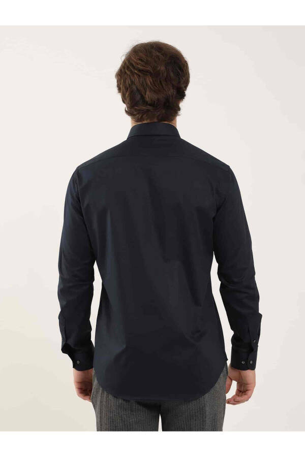 Navy Blue Men's Slim Fit Plain Button-Down Collar Long Sleeve Shirt - 101259 - 9