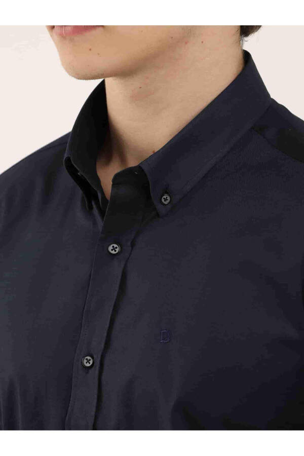 Navy Blue Men's Slim Fit Plain Button-Down Collar Long Sleeve Shirt - 101259 - 10