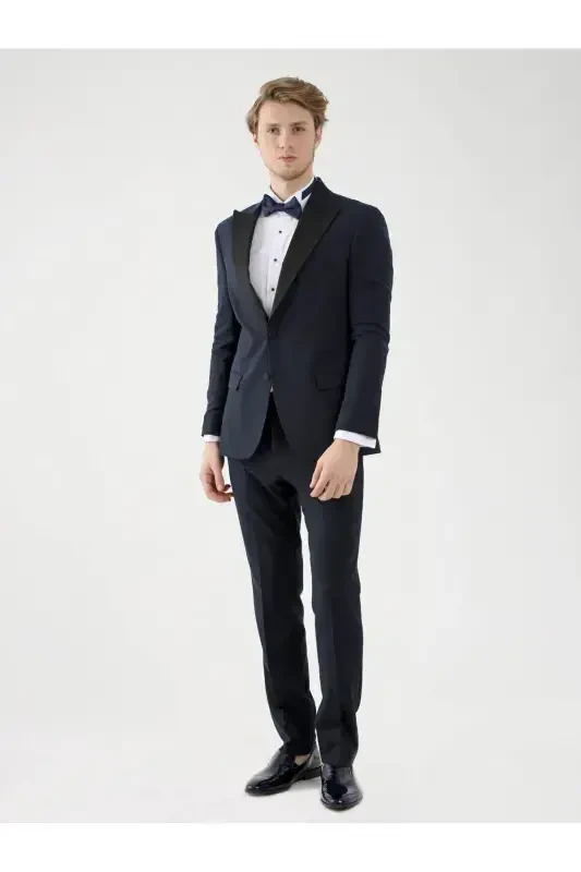 Navy Blue Men's Slim Fit Plain Pointed Collar Tuxedo Suit - 92401 - 5