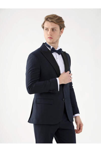 Navy Blue Men's Slim Fit Plain Pointed Collar Tuxedo Suit - 92401 - 10