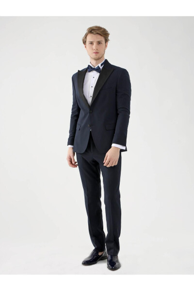 Navy Blue Men's Slim Fit Plain Pointed Collar Tuxedo Suit - 92401 - 12