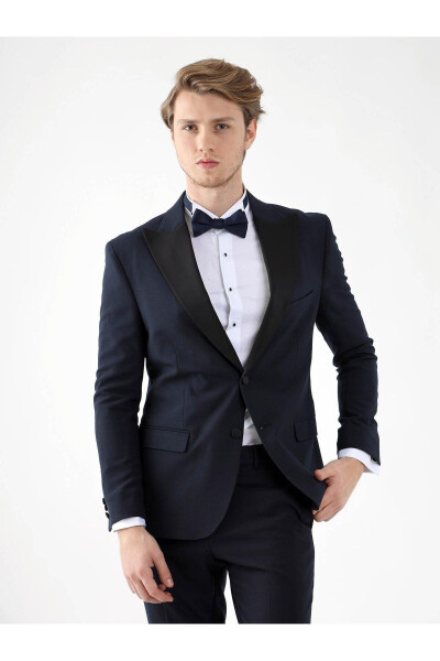 Navy Blue Men's Slim Fit Plain Pointed Collar Tuxedo Suit - 92401 - 4