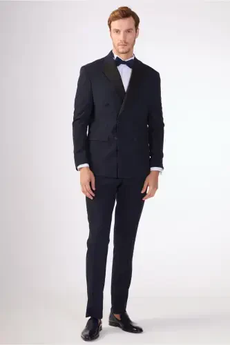 Navy Blue Men's Slim Fit Solid Point Collar Tuxedo Suit - 92385 - 1