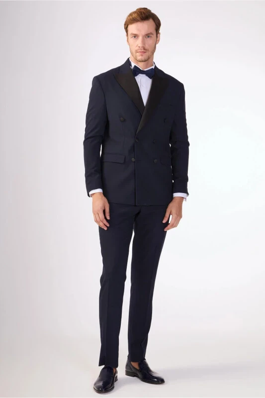 Navy Blue Men's Slim Fit Solid Point Collar Tuxedo Suit - 92385 - 1